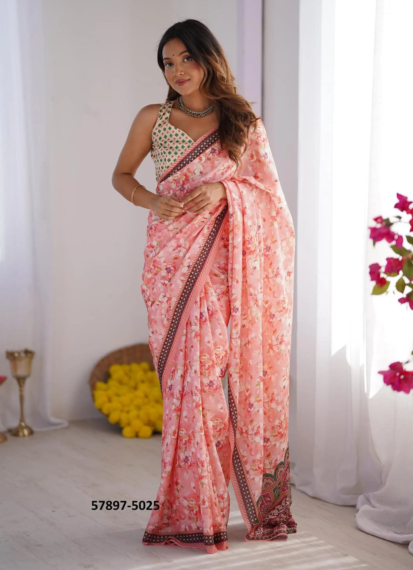 Pink Chinon Fashionable Saree For Kitty-Parties