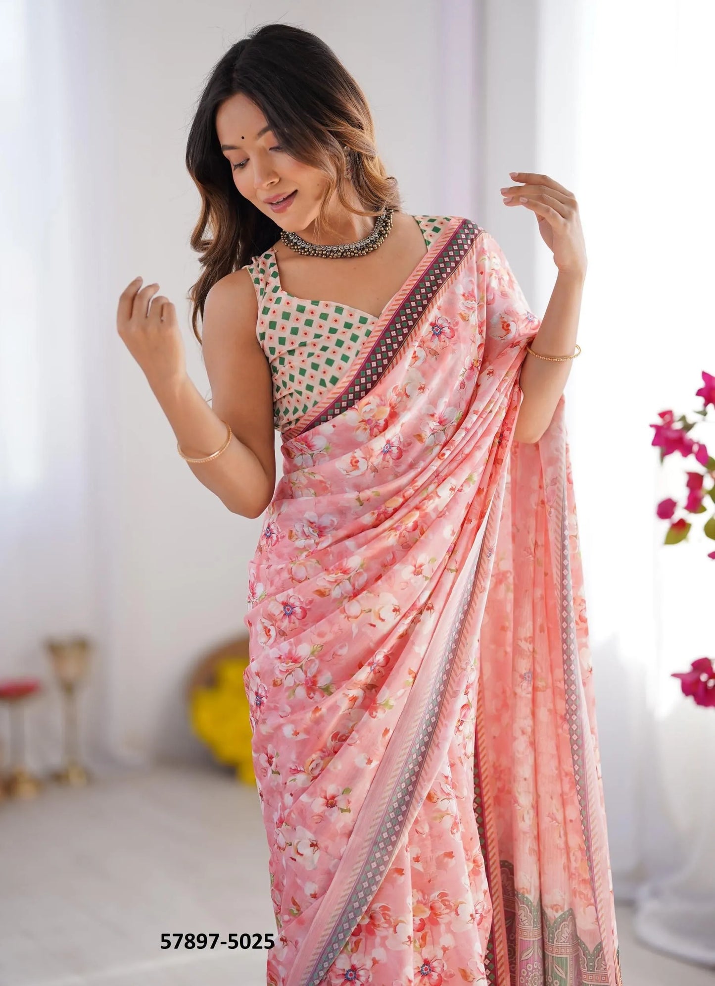 Pink Chinon Fashionable Saree For Kitty-Parties