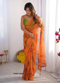 Dark Orange Organza Fashionable Saree For Kitty-Parties