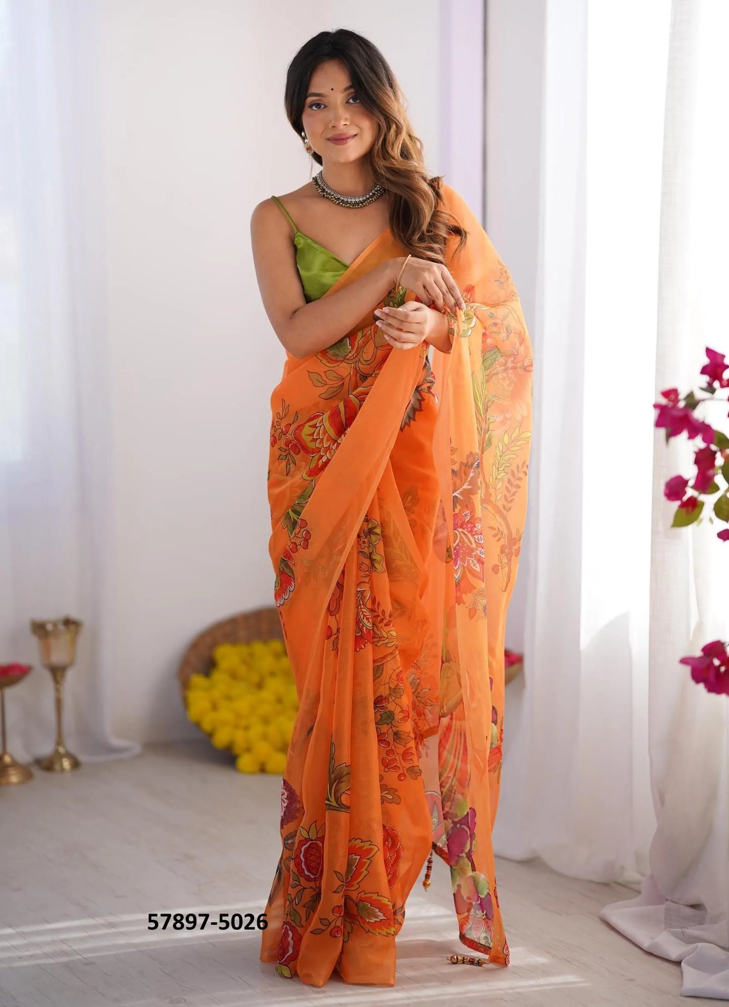 Dark Orange Organza Fashionable Saree For Kitty-Parties