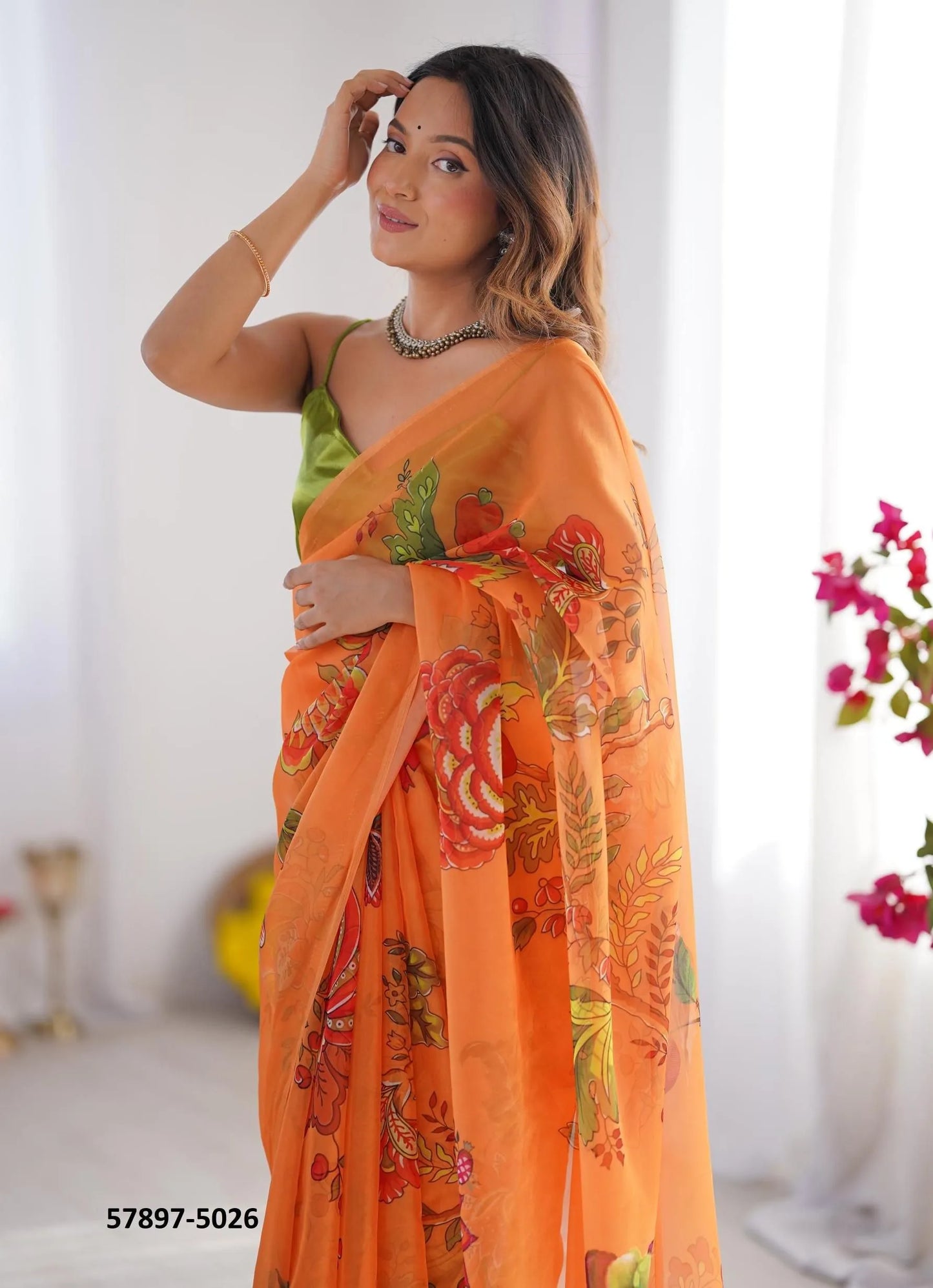 Dark Orange Organza Fashionable Saree For Kitty-Parties