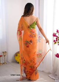Dark Orange Organza Fashionable Saree For Kitty-Parties