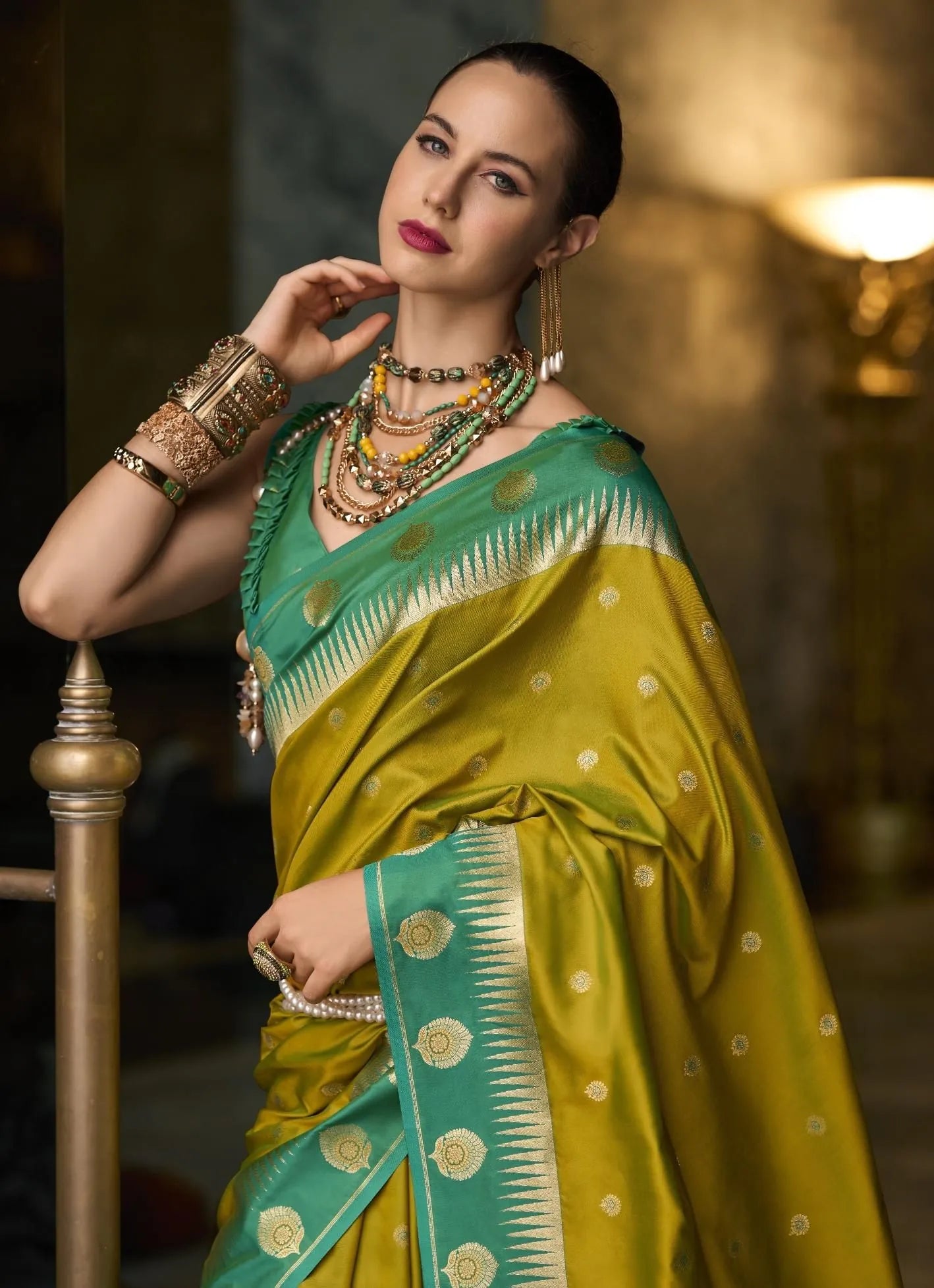 Olive Green Soft Silk Woven Festive-Wear Saree