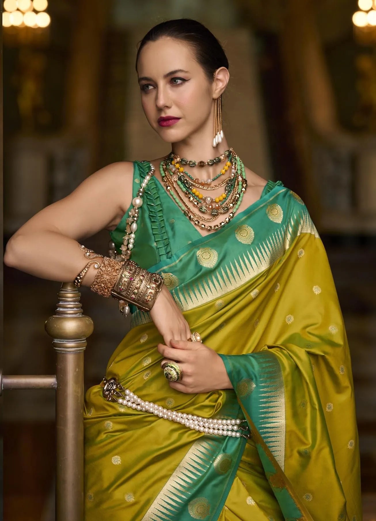 Olive Green Soft Silk Woven Festive-Wear Saree