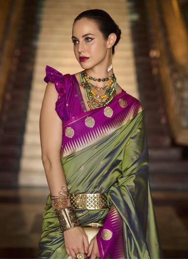 Pista Green Soft Silk Woven Festive-Wear Saree