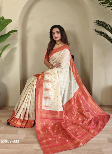 White Woven Paithani Silk Saree For Traditional / Religious-Occasions