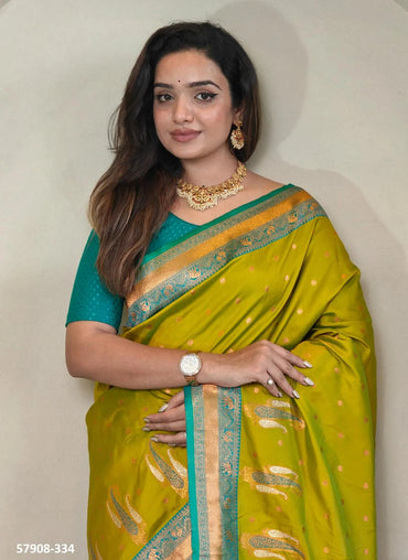 Olive Green Woven Paithani Silk Saree For Traditional / Religious-Occasions