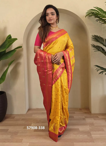Yellow Woven Paithani Silk Saree For Traditional / Religious-Occasions