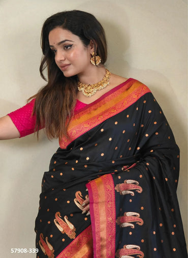 Black Woven Paithani Silk Saree For Traditional / Religious-Occasions