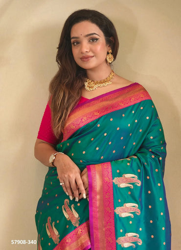Teal Blue Woven Paithani Silk Saree For Traditional / Religious-Occasions