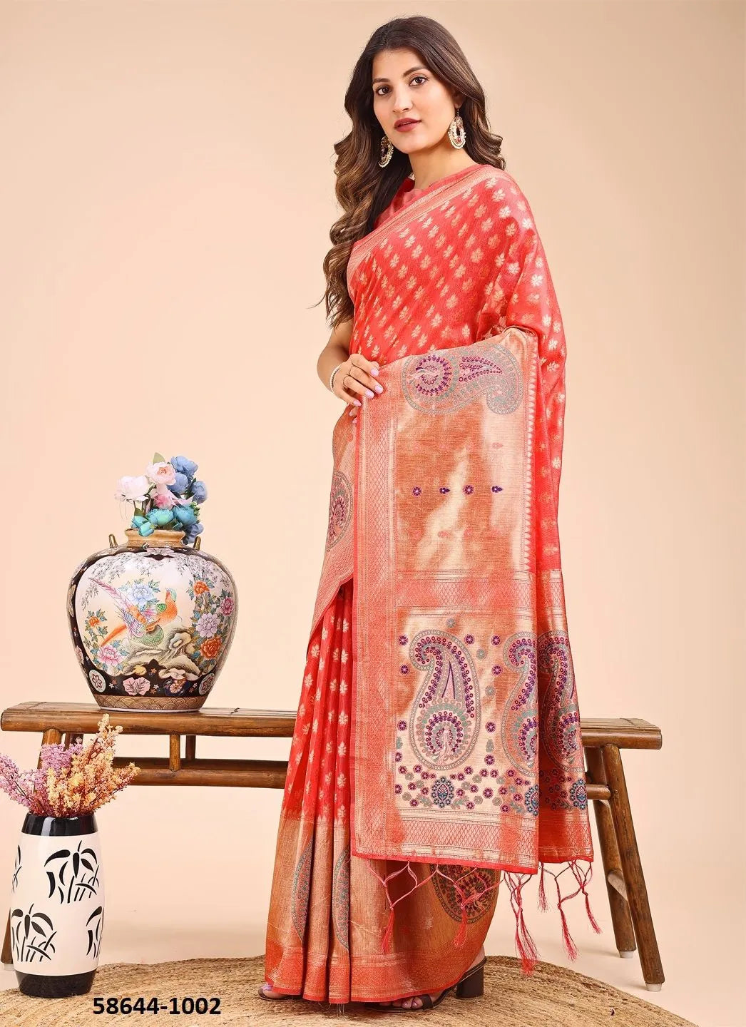 Salmon Linen Cotton Woven Festive-Wear Saree
