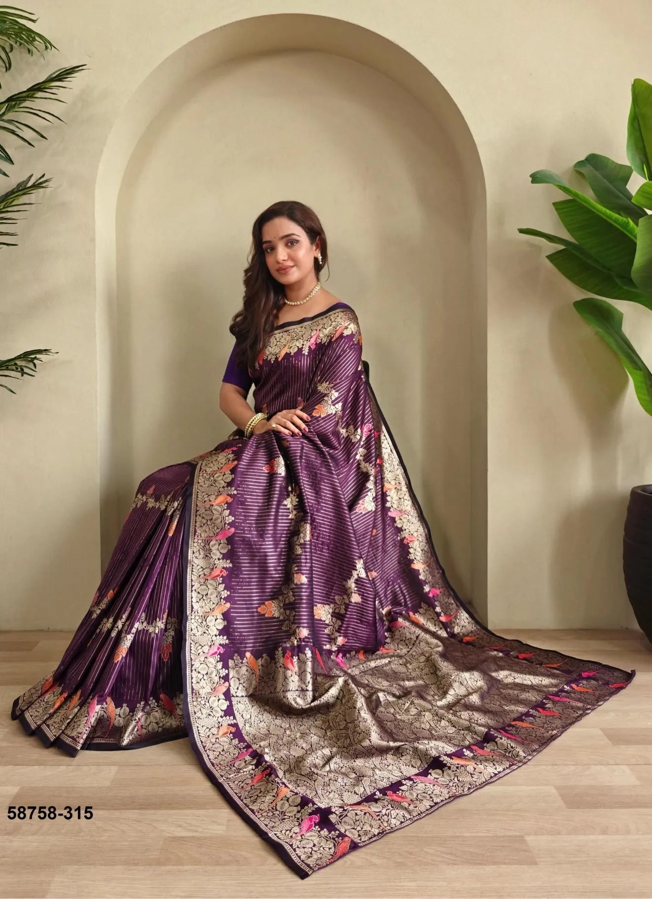 Violet Satin Silk Woven Evening-Wear Banarasi Silk Saree