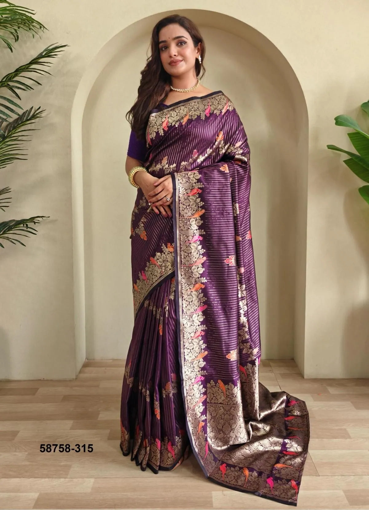 Violet Satin Silk Woven Evening-Wear Banarasi Silk Saree
