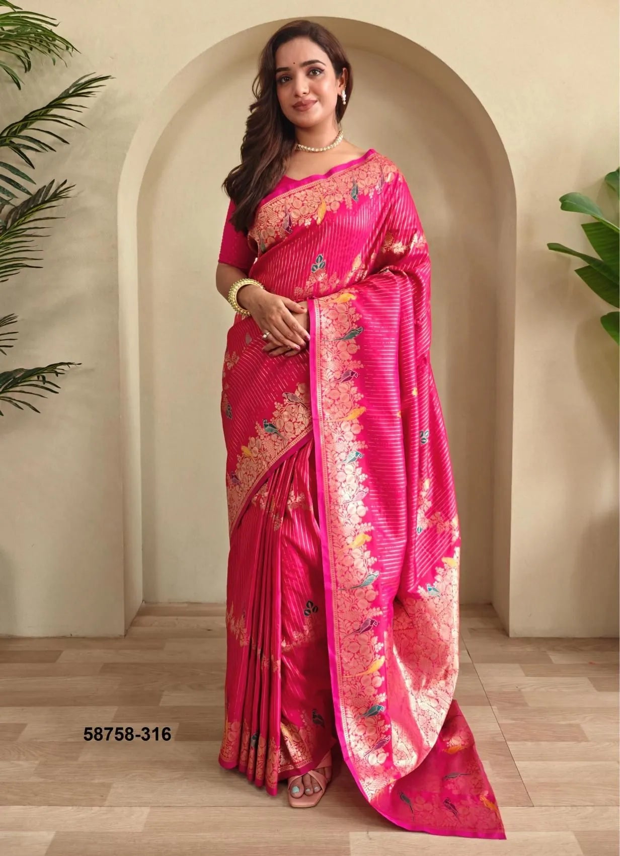 Magenta Satin Silk Woven Evening-Wear Banarasi Silk Saree