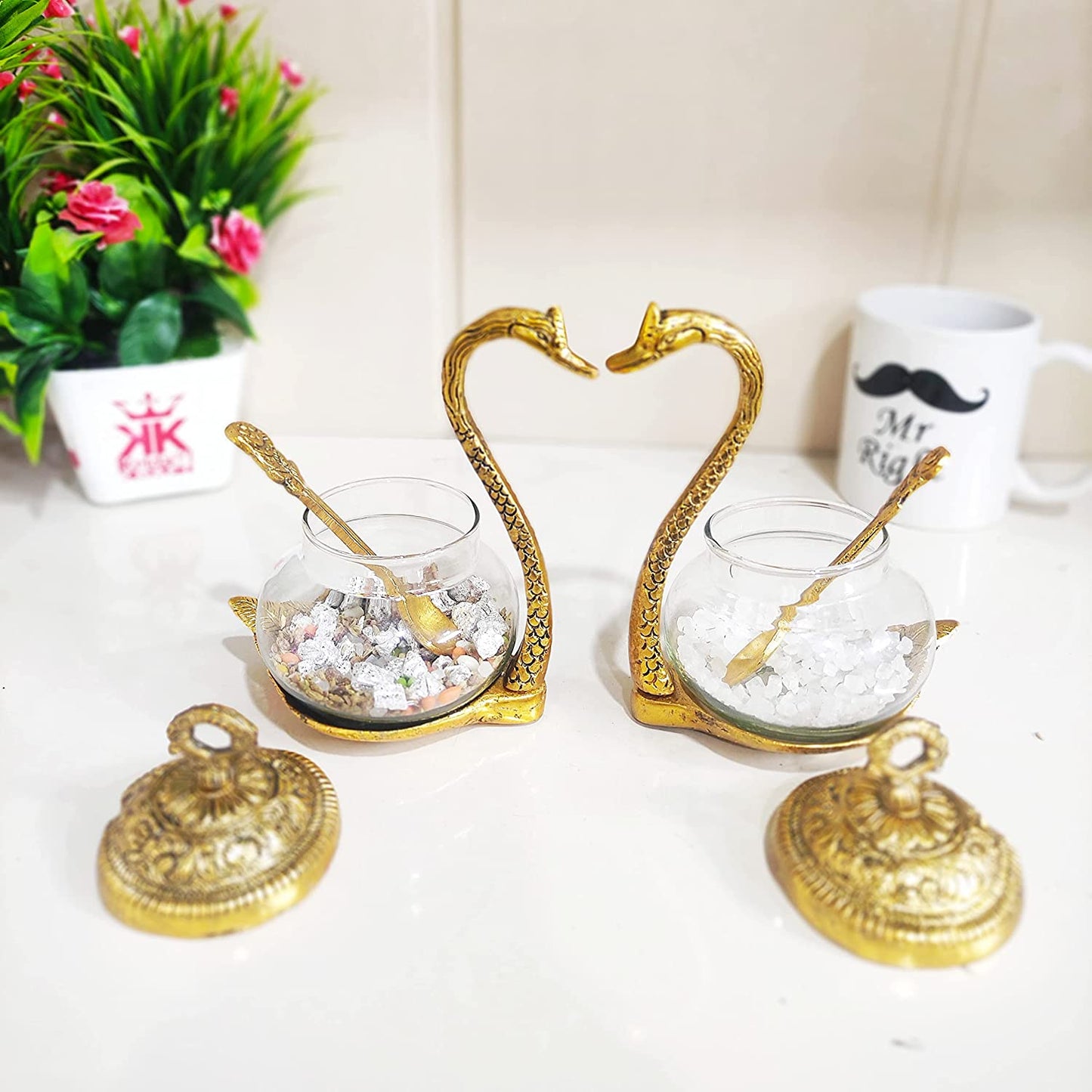 Luxury Swan Shaped Brass & Glass Spice/Sugar Jar Set