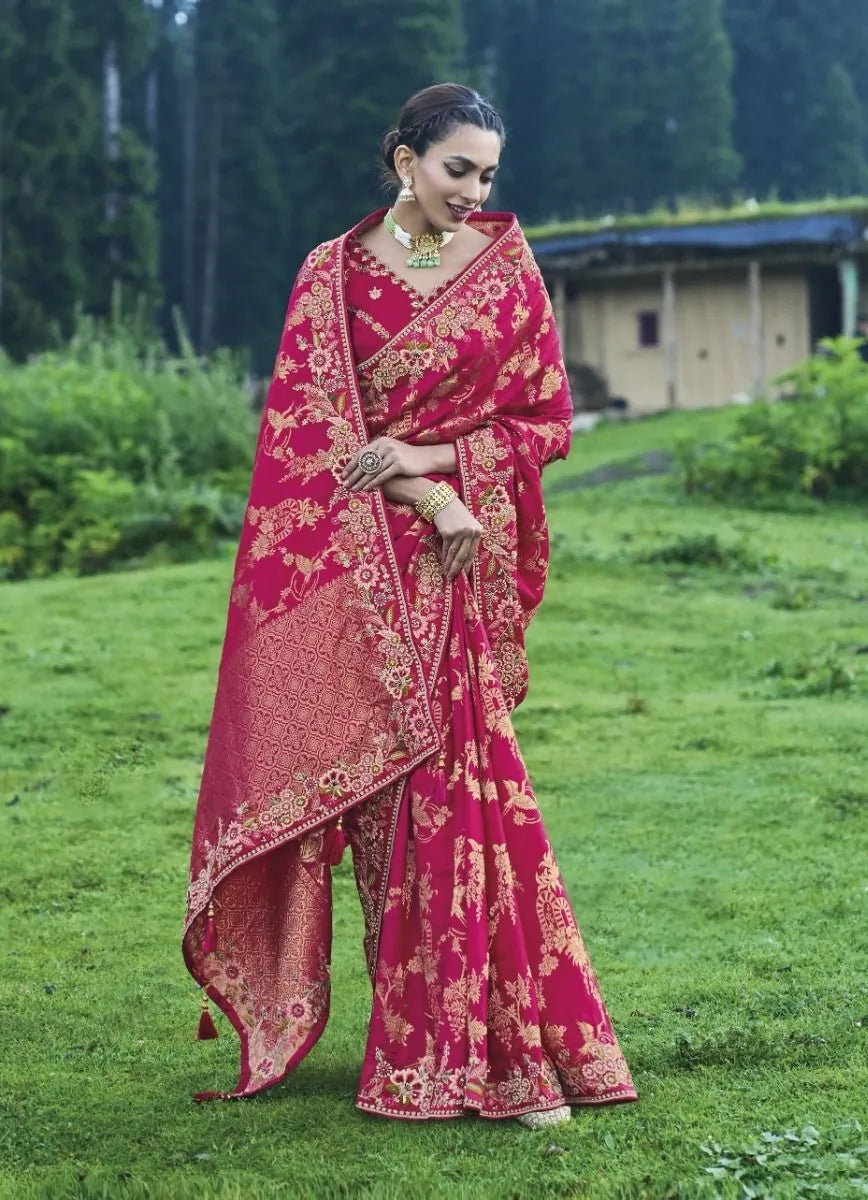 Wine Red Silk Embroidered Party-Wear Saree