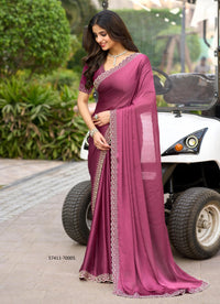 Wine Satin Chiffon Zarkan-Work Festive-Wear Beautiful Saree