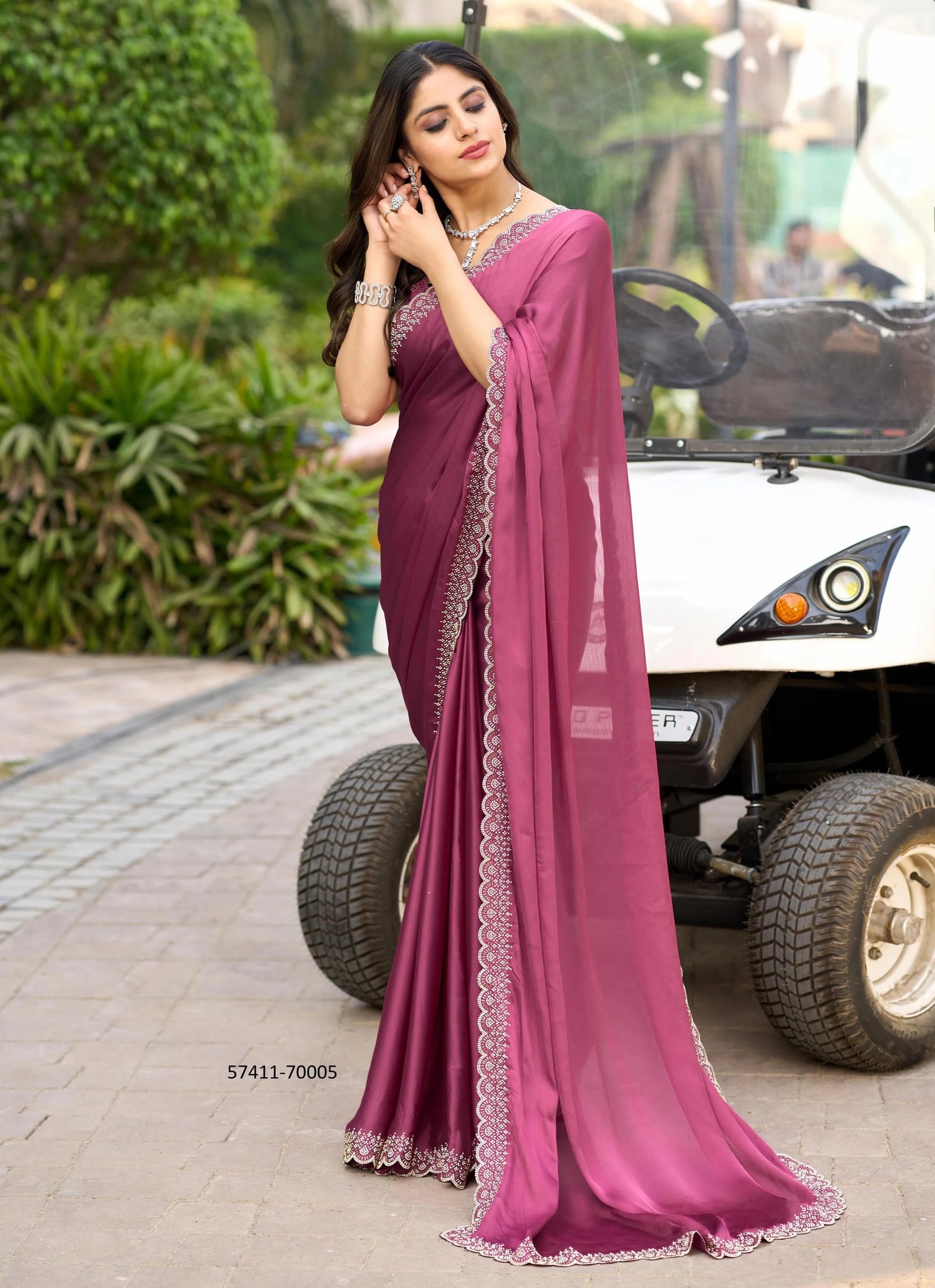 Wine Satin Chiffon Zarkan-Work Festive-Wear Beautiful Saree