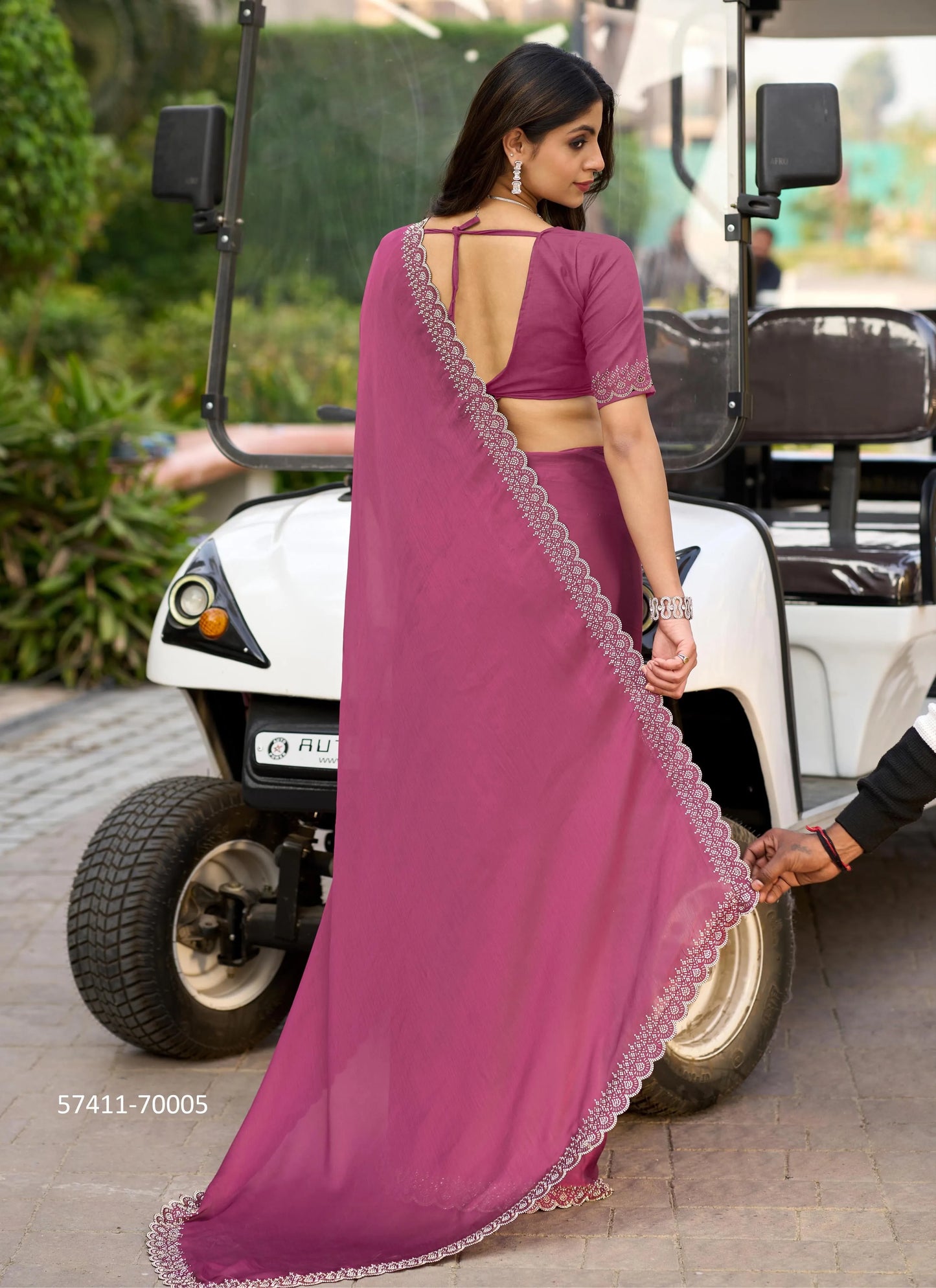 Wine Satin Chiffon Zarkan-Work Festive-Wear Beautiful Saree