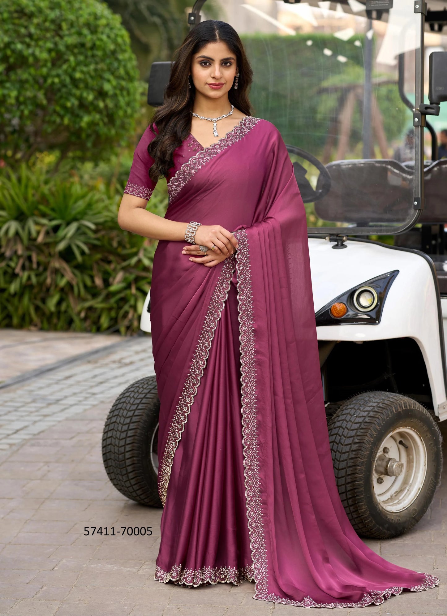 Wine Satin Chiffon Zarkan-Work Festive-Wear Beautiful Saree