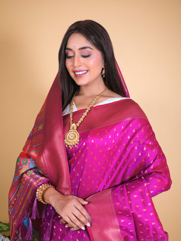 Magenta color paithani silk saree with zari weaving work
