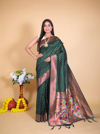 Bottle green color paithani silk saree with zari weaving work