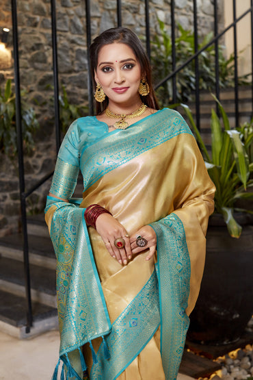 Soft flowy beige color tissue silk saree with contrast woven border & blouse