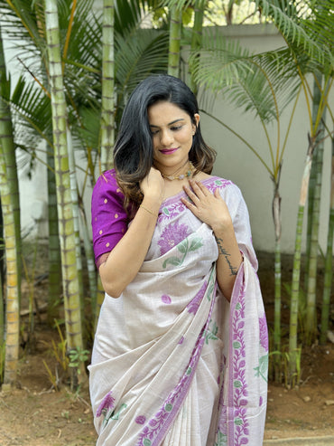 Purple soft muga cotton saree with jamdani weaving work