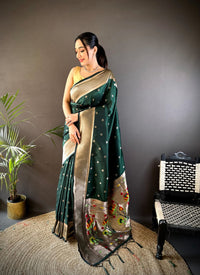Dark green traditional paithani silk saree with zari weaving work