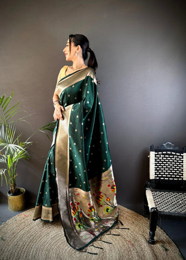 Dark green traditional paithani silk saree with zari weaving work