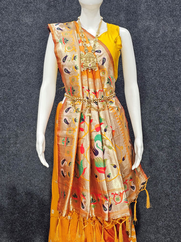 Mustard yellow paithani silk saree with zari weaving work