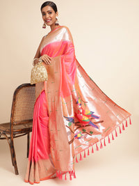 Peach zari woven muniya border traditional soft paithani silk saree