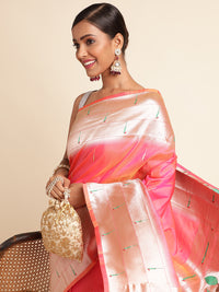 Peach zari woven muniya border traditional soft paithani silk saree