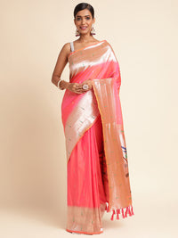 Peach zari woven muniya border traditional soft paithani silk saree