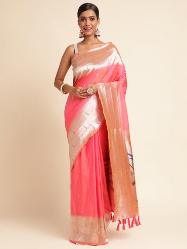 Peach zari woven muniya border traditional soft paithani silk saree