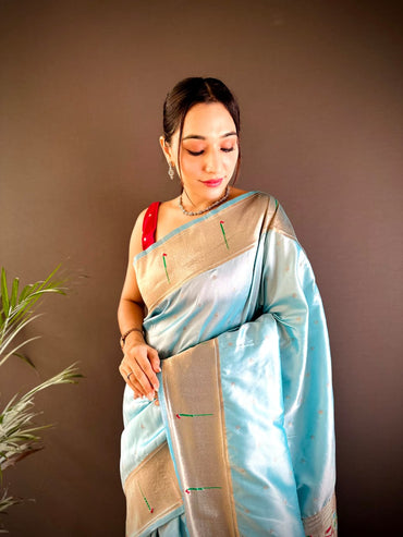 Sky blue traditional paithani silk saree with zari weaving work