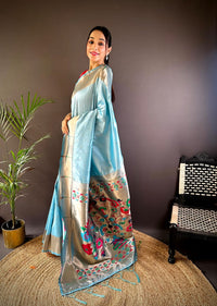 Sky blue traditional paithani silk saree with zari weaving work