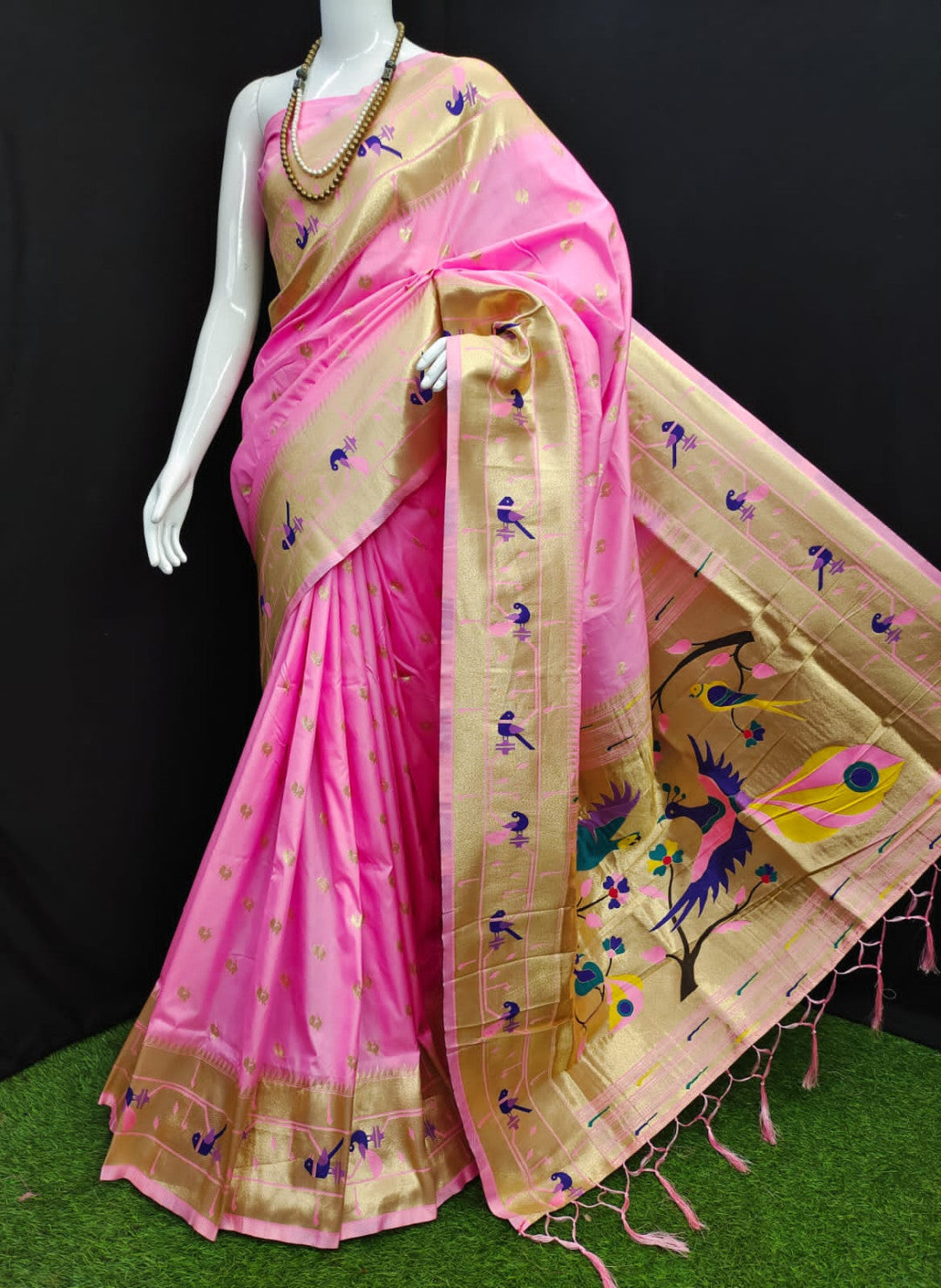 Baby pink color paithani silk saree with zari weaving work