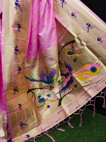 Baby pink color paithani silk saree with zari weaving work