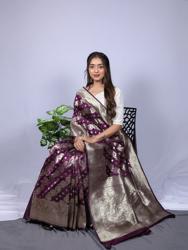 Magenta color banarasi silk saree with zari weaving work