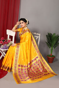 Yellow color banarasi silk saree with zari weaving work