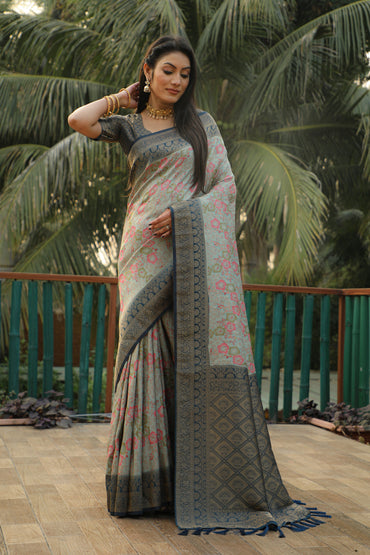 Sky blue color kanjivaram silk saree with zari weaving work
