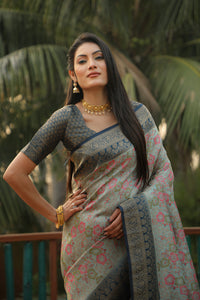 Sky blue color kanjivaram silk saree with zari weaving work