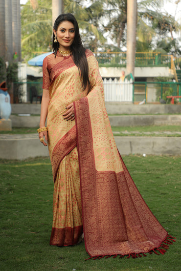 Beige color kanjivaram silk saree with zari weaving work