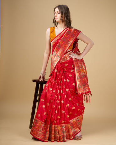 Red color banarasi silk saree with zari weaving work