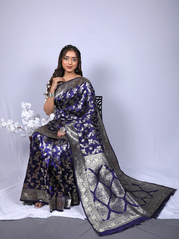 Navy blue Banarasi silk saree with Flower Zari woven design