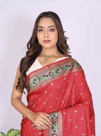 Red color soft paithani silk saree with zari woven work