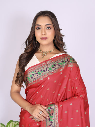 Red color soft paithani silk saree with zari woven work