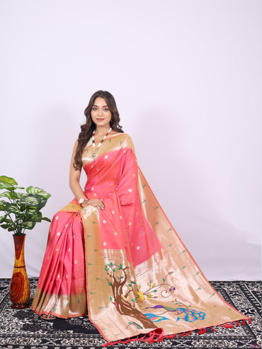 Peach color paithani silk saree with zari weaving work