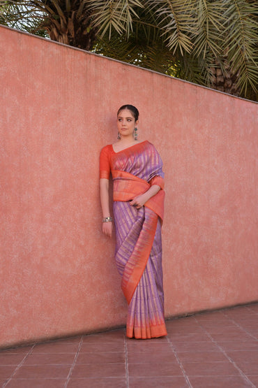 Lavender soft tussar silk saree with temple border and zari weaving work